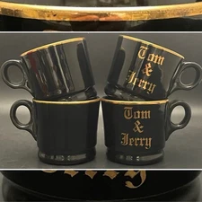 Hall China Tom and Jerry Holiday Cups/Mugs 4pc Set c1950s Made in USA 2.5"t 6oz