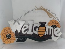 Welcome Sign Sunflower Bee Door Hanging Garden Decor Gift Wood Vintage NOS 9x3  