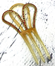 Antique Vtg Victorian Celluloid Hair Comb Accessory Yellow Red Rhinestones