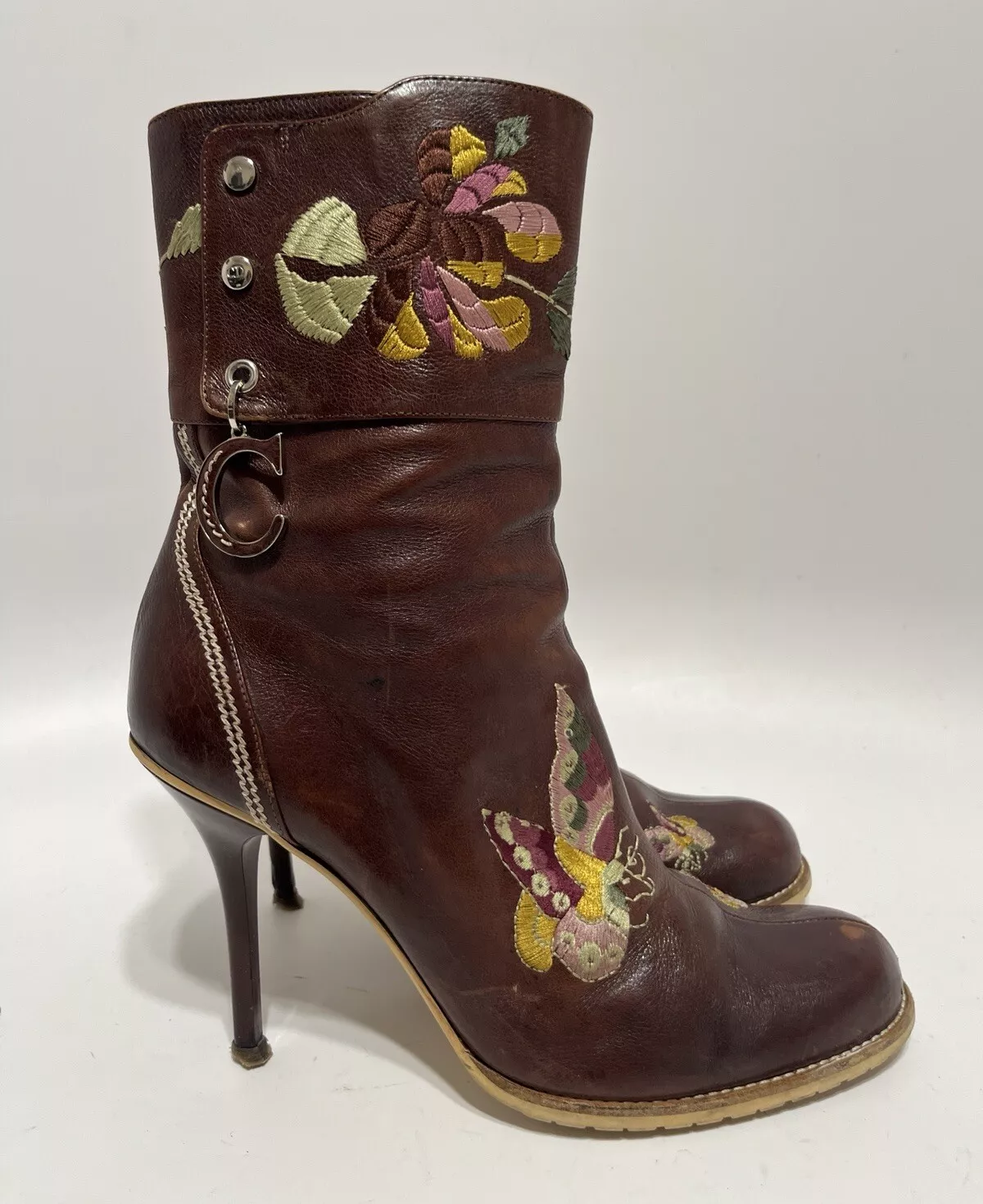 BOTTES EN CUIR BRODÉ MARRON VINTAGE CHRISTIAN DIOR BY JOHN GALLIANO 38