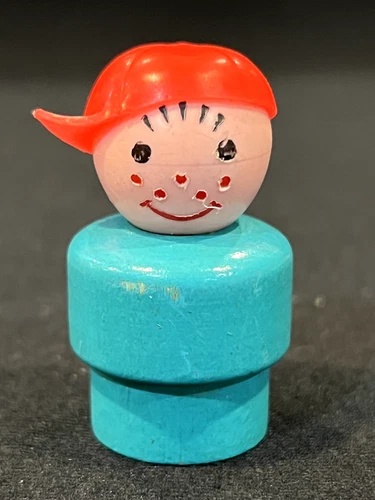 Vintage Original Fisher Price Little People Turquoise Wood Base Red Baseball Cap