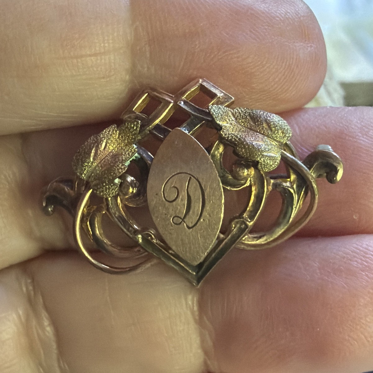 Victorian 12K Gold Fill C.T. Watch Pin Tri-Colored Gold Fill Leaves Monogram “D” View 3