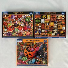 Lot 3 WHITE MOUNTAIN 1000 Piece Puzzles with Posters Halloween Theme Complete