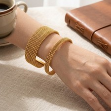 2Pcs Stainless Steel Gold Mesh Cuff Bracelet Set Wide Thin Open Bangles