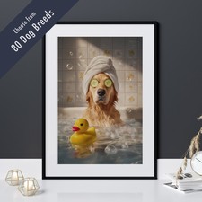 Funny Dog in Bath Print – Quirky Pet Lover Gift Bathroom Wall Art – 80 Breeds
