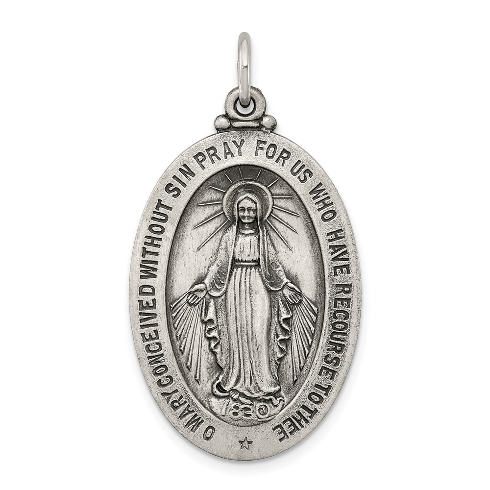 Sterling Silver Antiqued Miraculous Medal Pendant 4.57gm L-37 mm, W-20 mm