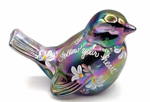 Fenton Iridescent Blue Bird-Follow Your Heart. Hand Painted, Signed.