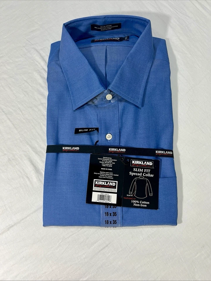 全新带标签 KIRKLAND 100% 棉蓝色非 IRO 18 X 35 美丽修身正装衬衫 — 第 2/4 张图片