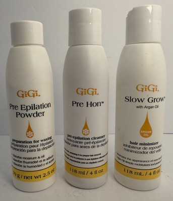 GiGi Slow Grow (4 oz), Pre Hon (4 oz), Pre Epilation Powder (2.5 oz) Lot New