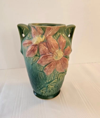 Roseville Pottery Vase 1944 Clematis Forest Green #105-7 Handled Original
