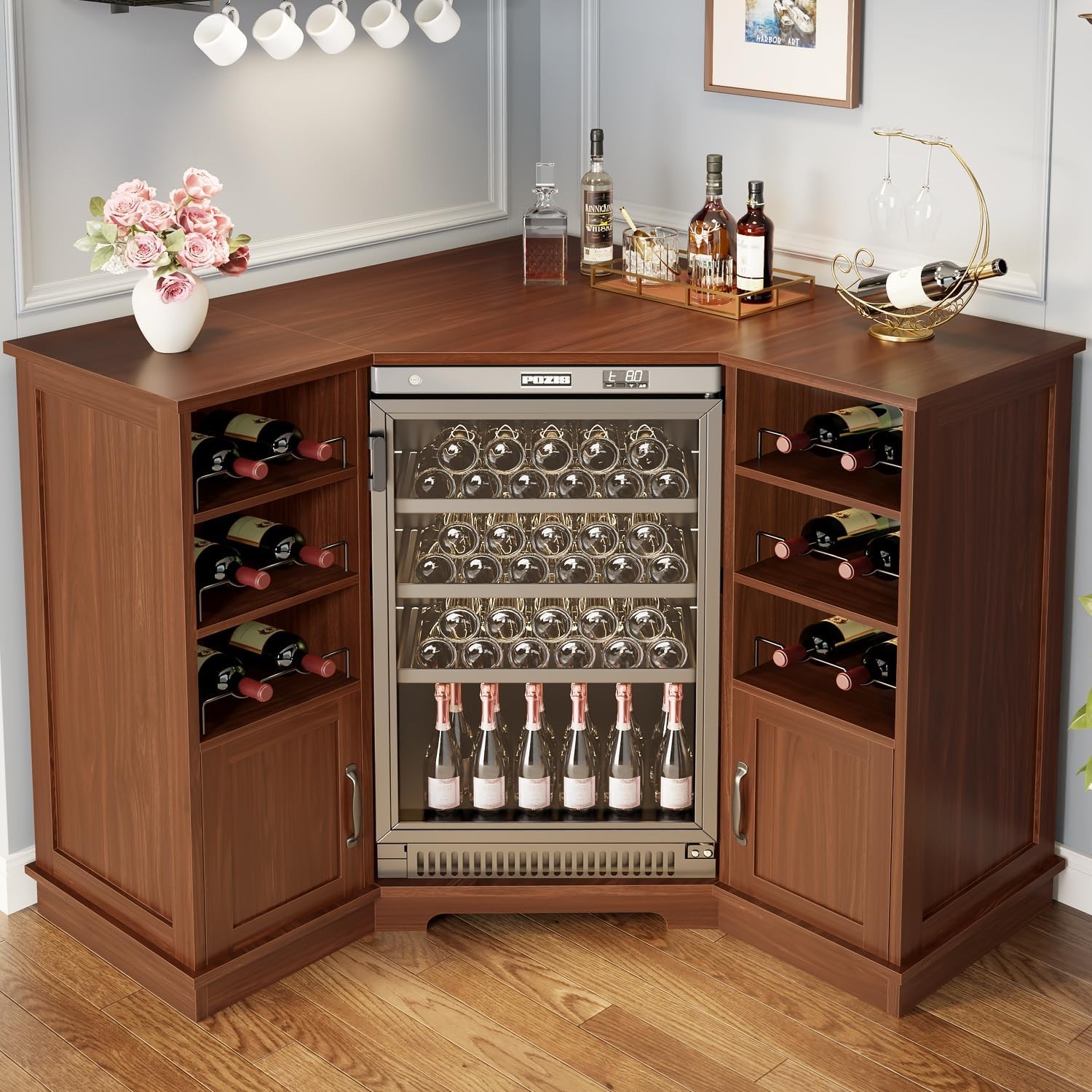Corner Bar Cabinet W/ Mini Fridge Space Modern Wood Bar Cabinet W/ Wine Racks &