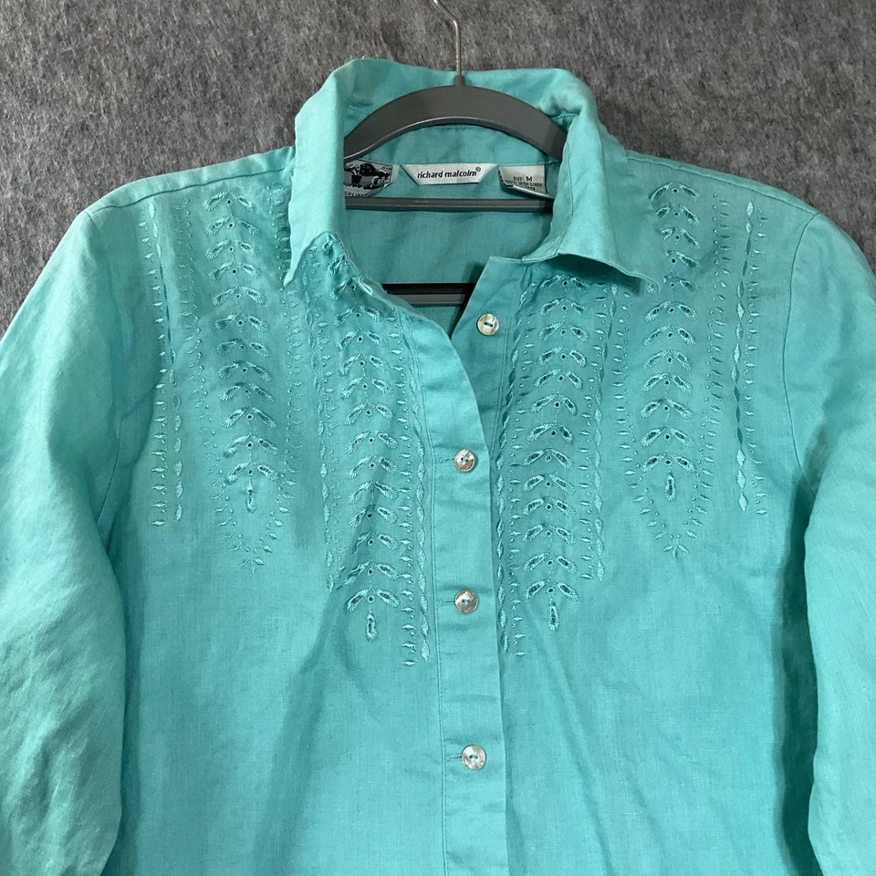 Camisa Richard Malcolm Mujer Mediana Aqua Irlandesa Lino Bordado Túnica Top * Foto 2 de 4