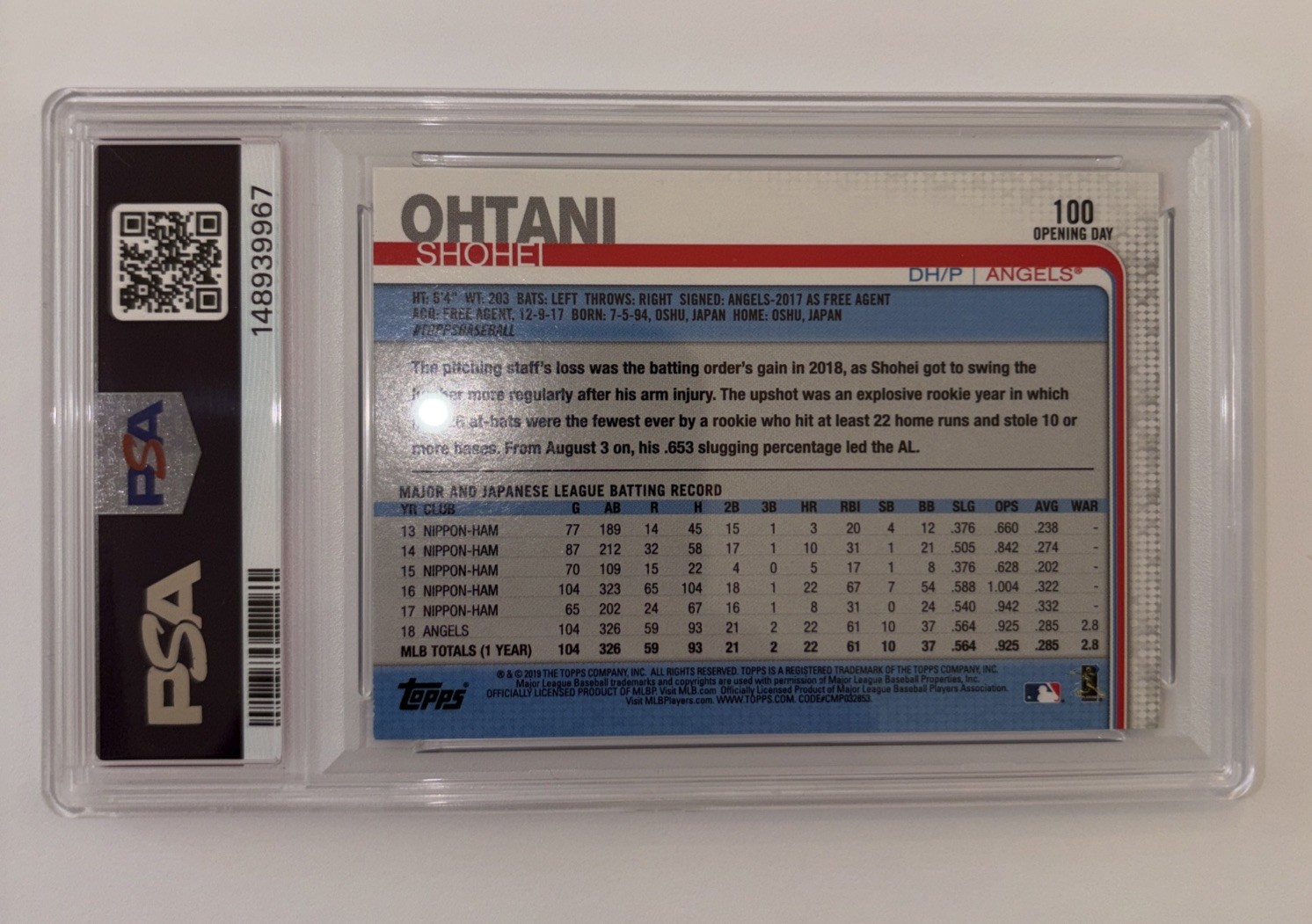 2019 Topps Opening Day Shohei Ohtani #100 🔥 Blue Foil PSA 10 GEM MINT Refractor view 3