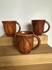 Vintage Hand Carved Wood Mugs Wooden Cups Set Of 3