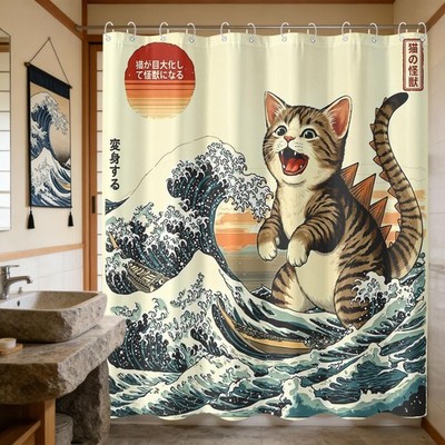 Monster Cat Kaiju Shower Curtain Set Ukiyo-Art Style Waterproof Bathroom Show...