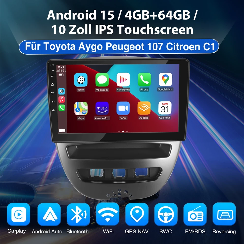 10" GPS Autoradio Für Citroen C1 Peugeot 107 Android 15 CarPlay NAVI WIFI 4+64GB - Bild 2 von 4