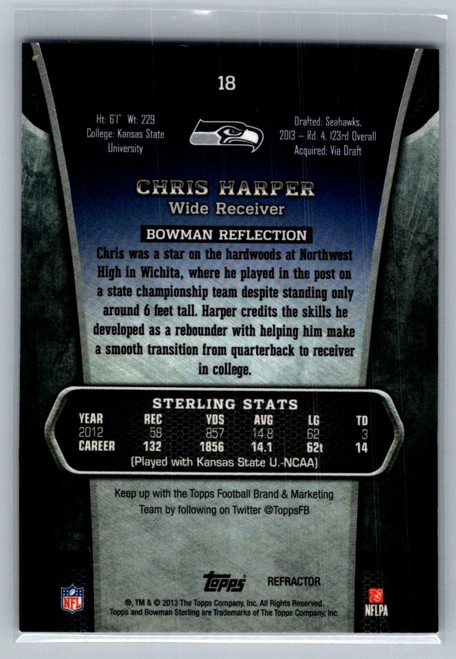 2013 Bowman Sterling #18 Chris Harper Blue Refractors #/99 Seattle Seahawks C85 - Image 2 of 2