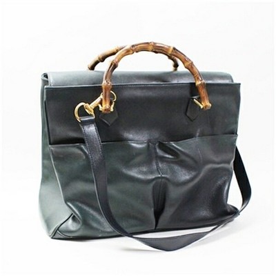 GUCCI Bamboo 2 way Tote Bag Handbag Green Navy Leather Good Condition A4 Size