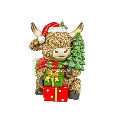 Hanna's Handiworks Holly Jolly Large Highland Cow Sitter with Tree (16276A)