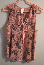 No Boundaries Pink Floral Ruffled Sleeveless Button Front Blouse - Jr Size L