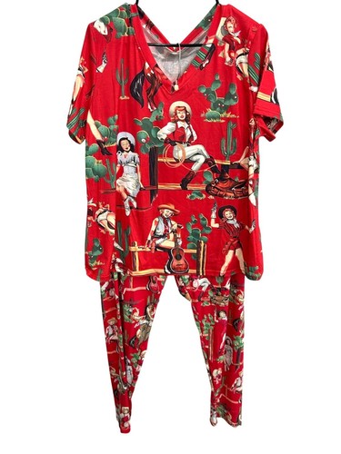Vintage Inspired Red Western Cowgirl Print Pajama Set SZ XXL 4XL