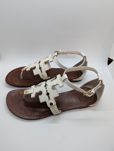 Sandalias tanga plana Tory Burch Phoebe cuero caído marfil 7 molineros logotipo 30437 - Imagen 10 de 16