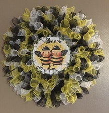 Handmade Yellow, Black and White Bee Happy Wreath