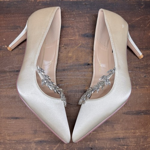 ERIJUNOR Champagne Satin Crystal Sash Pointed Toe Pump Mid Heel Shoes US 10 NWOB - Picture 10 of 24