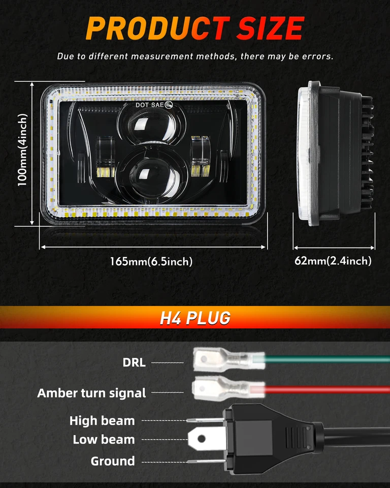 4pcs 4X6'' Hola LED Headlight Hi/Lo beam for Chevy Camaro C10 C20 C30 Ford 81-87 - Image 3 of 4