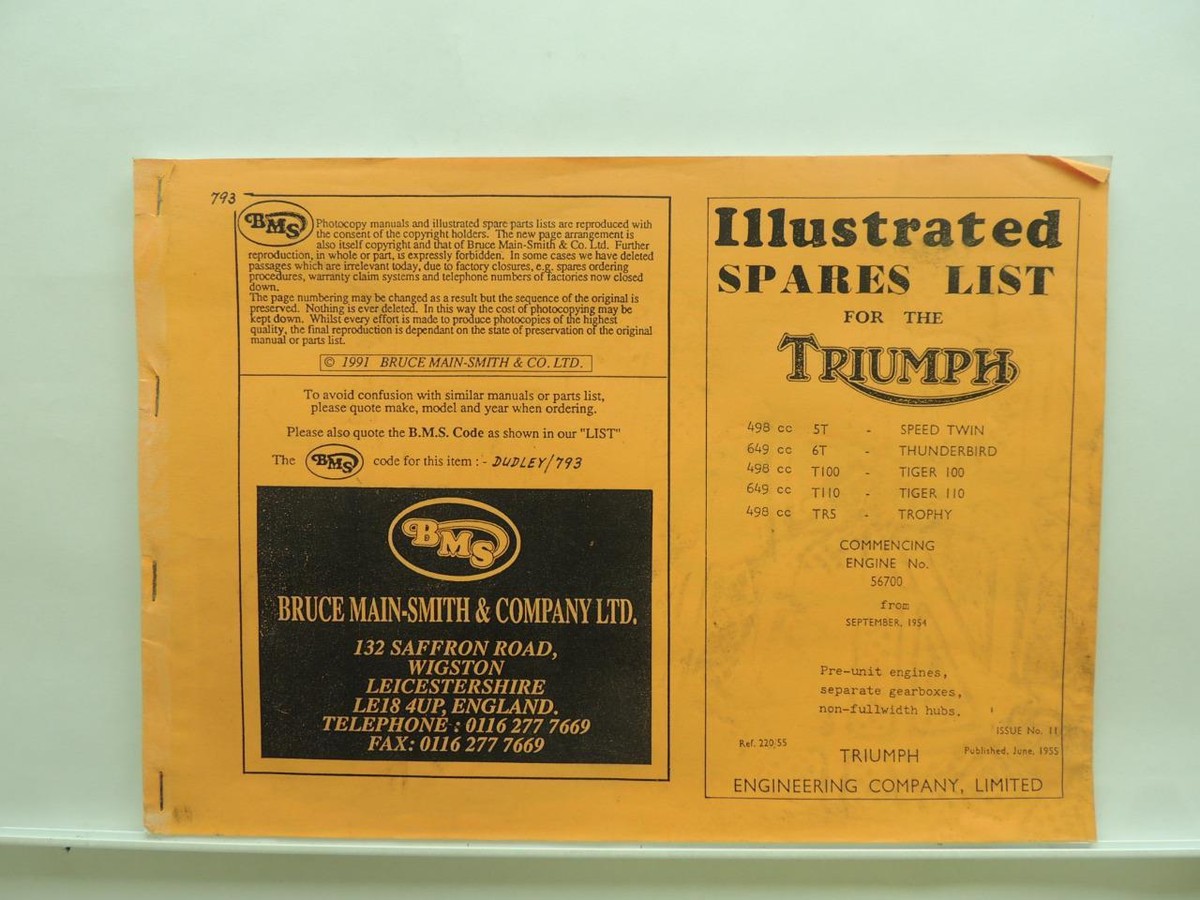 COPY 1955 Triumph Illustrated Spares List Speed Twin 5T