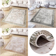 Tappeto pelo corto lucido oro beige cornice geometrico effetto 3D soggiorno