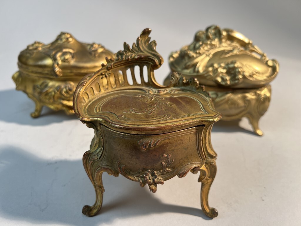 Elegant Set of Three Antique Gilt Bronze Jewelry Boxes