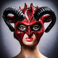 Demon Devil Satan with Black Horns Masquerade Mask - Bloody Red