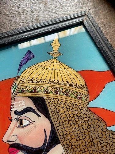 Indian Reverse Glass Painting Vintage Art Picture Male Prince Portrait Blue Gold - Picture 3 of 3