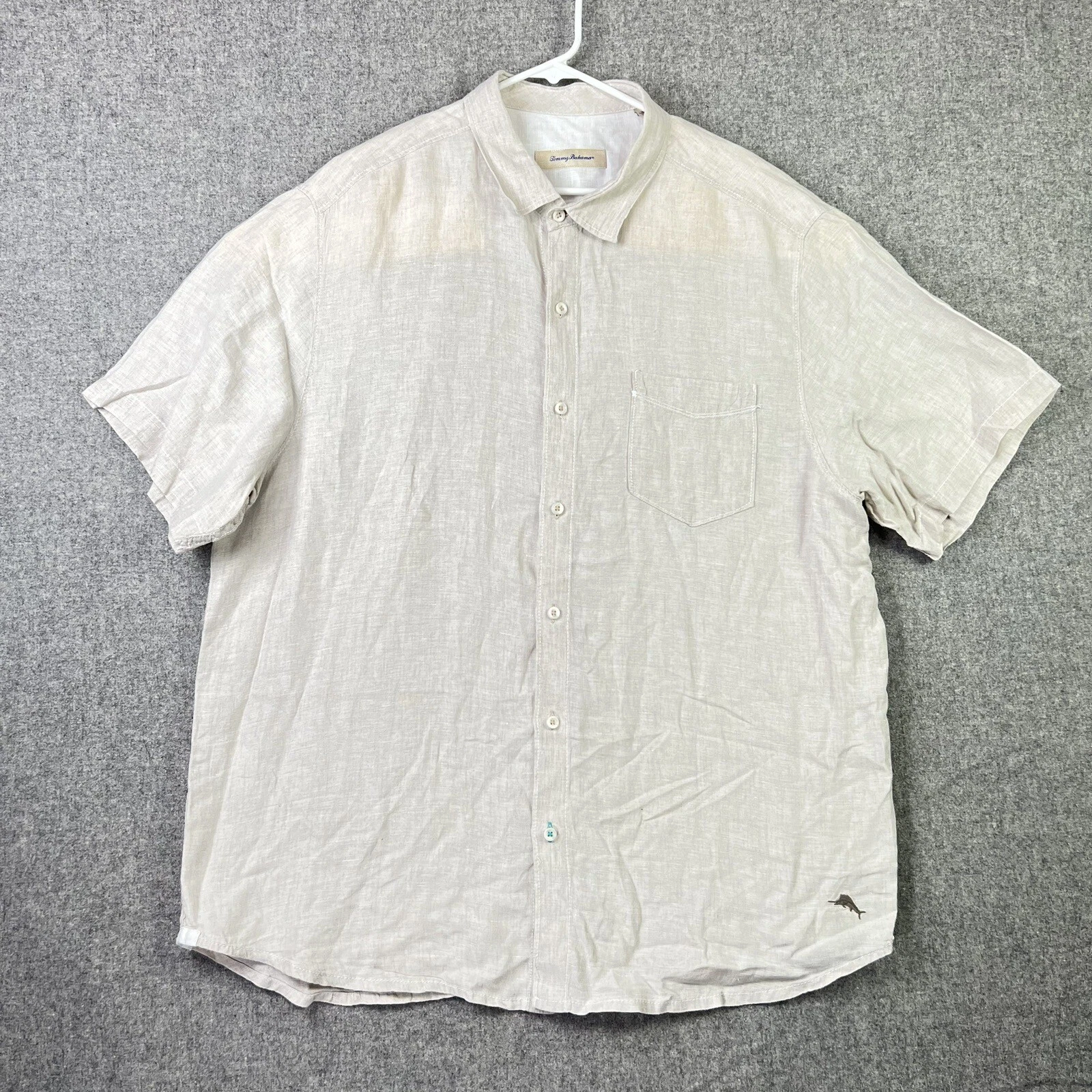 Tommy Bahama Men's Beige 100% Linen Button Up Short Sleeve Shirt Sz XL EUC