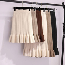 Women Soft Knit Midi Skirt Ruffle Fishtail Skirt Elastic Waist Half Dress Slim