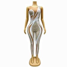 Women Sparkly AB Crystals Jumpsuit Performance Dance Bodysuit Costume Stage Wear