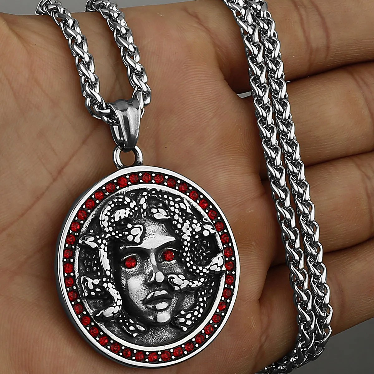 Eye-Catching Medusa Pendant with Red Stones & Silver Keel Chain