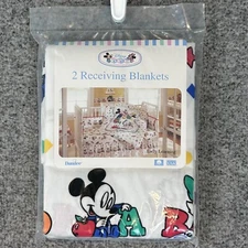 Vtg Disney Babies Receiving Blankets Mickey Minnie 2 Pk Flannel Cotton 80s NEW