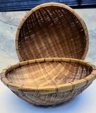 VINTAGE-Sieve Woven Split Bamboo Basket Tray Southeastern ASIA-2 PIECES.