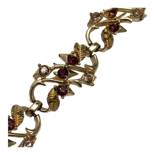 VTG Coro Gold Tone 5 Panel Link Purple And Light Pink Rhinestones Bracelet READ* - Picture 2 of 14