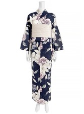 Japanese Kimono Yukata Set Women Lily Floral Navy Obi 2pcs Kyoto Style Grail