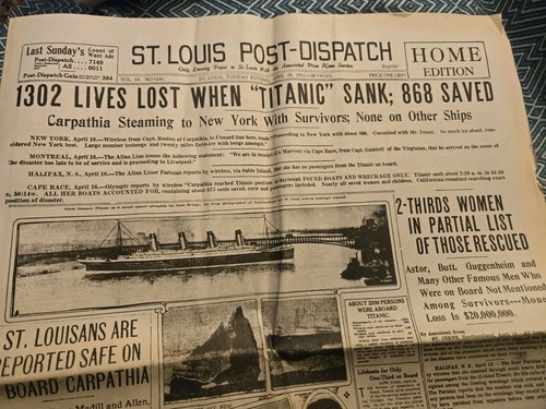 Reproduction 1912 St. Louis Post-Dispatch Newspaper From Day Titanic Sank