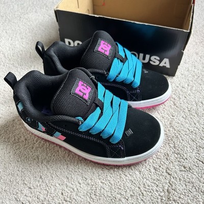 Youth Girls Sz 2 DC Skate Court Graffik Sneakers Black Pink Blue Neon Lights Ne