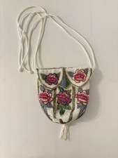 Vintage Hand Beaded Evening Bag Purse Drawstring Tassel White W/ Pink Roses