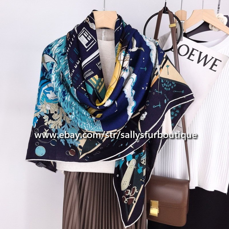 Sallys 70% Cashmere & 30% Silk Stole Boat Print Double Face Scarf Shawl 53