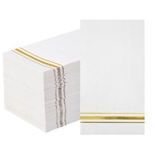100 3-Ply Gold Napkins Disposable Elegant Dinner Paper Napkins, White and Gol...