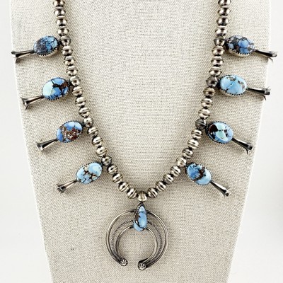 Navajo Sterling Silver Turquoise Squash Blossom Necklace Native American Jewelry