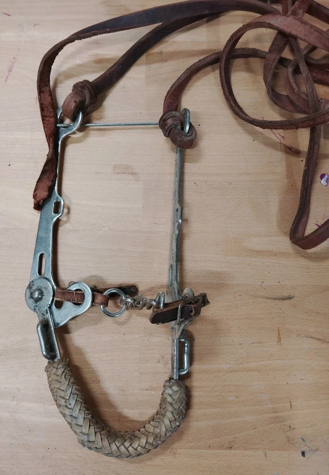 Brida Bosal Western Hackamore vintage - piezas de cuero y metal / tachuela de exhibición Foto 2 de 4