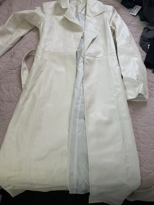 Women's White Long Solid Coat - Belted, Collared, Pockets, Long Sleeve